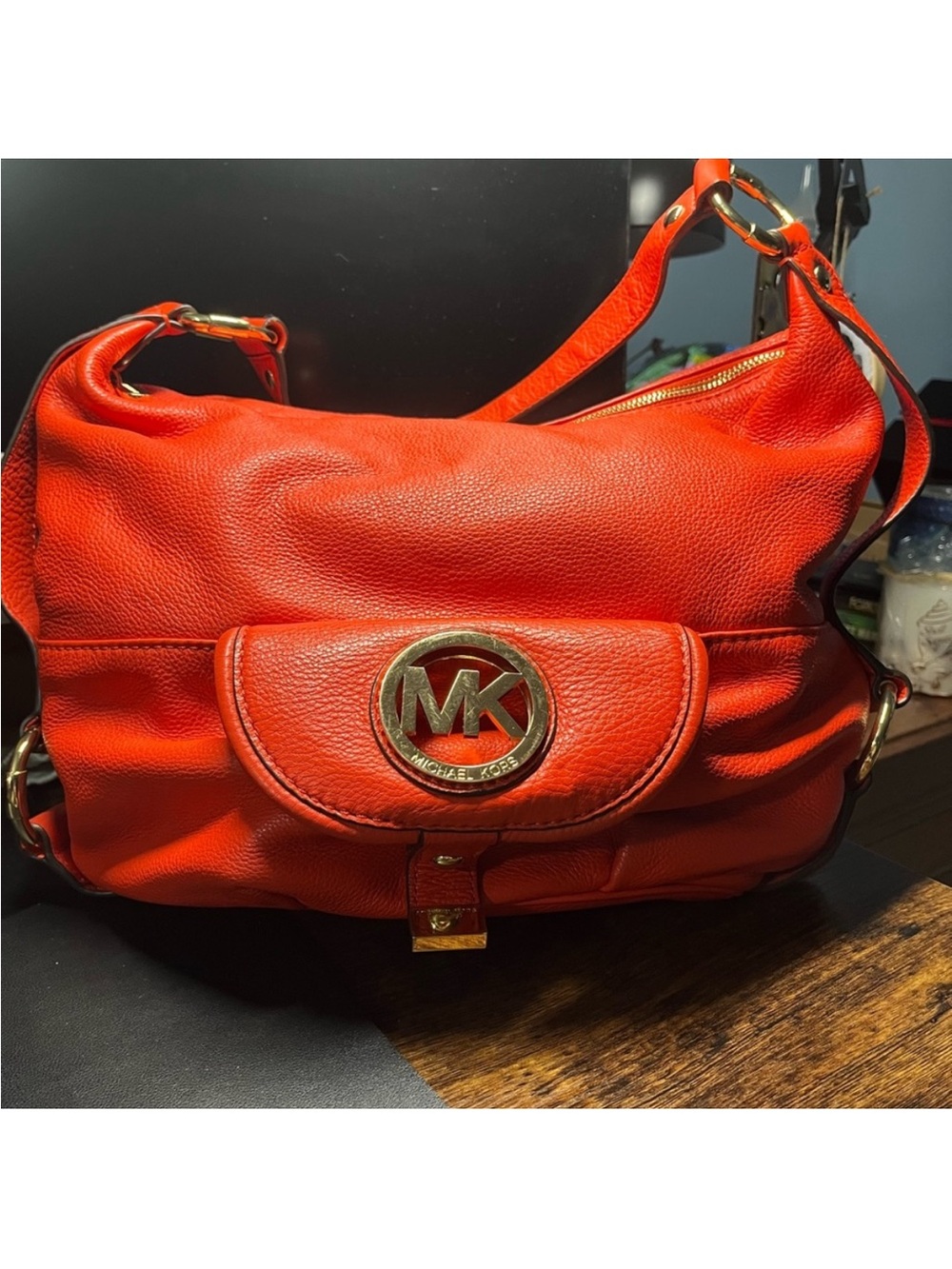 Michael Kors Fulton Red Pebbled Leather Shoulder Bag with Gold Hardware GUC